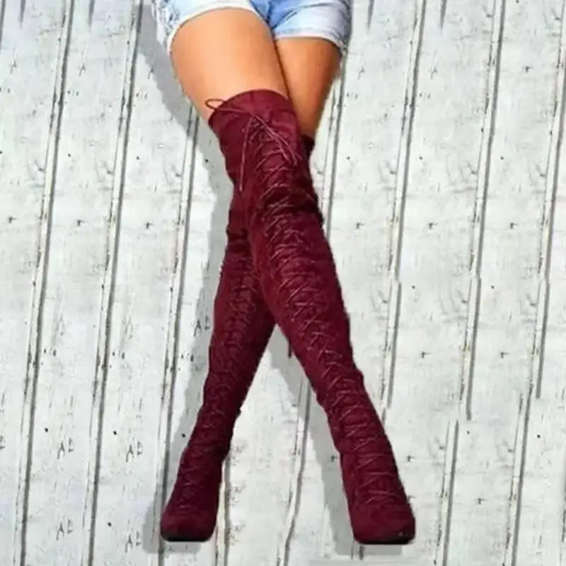 2022 Women Over The Knee Boots Sexy Fashion Lace Up Winter Keep Warm High Heel Thigh Boots Solid Color Ladies Over The Knee Boot