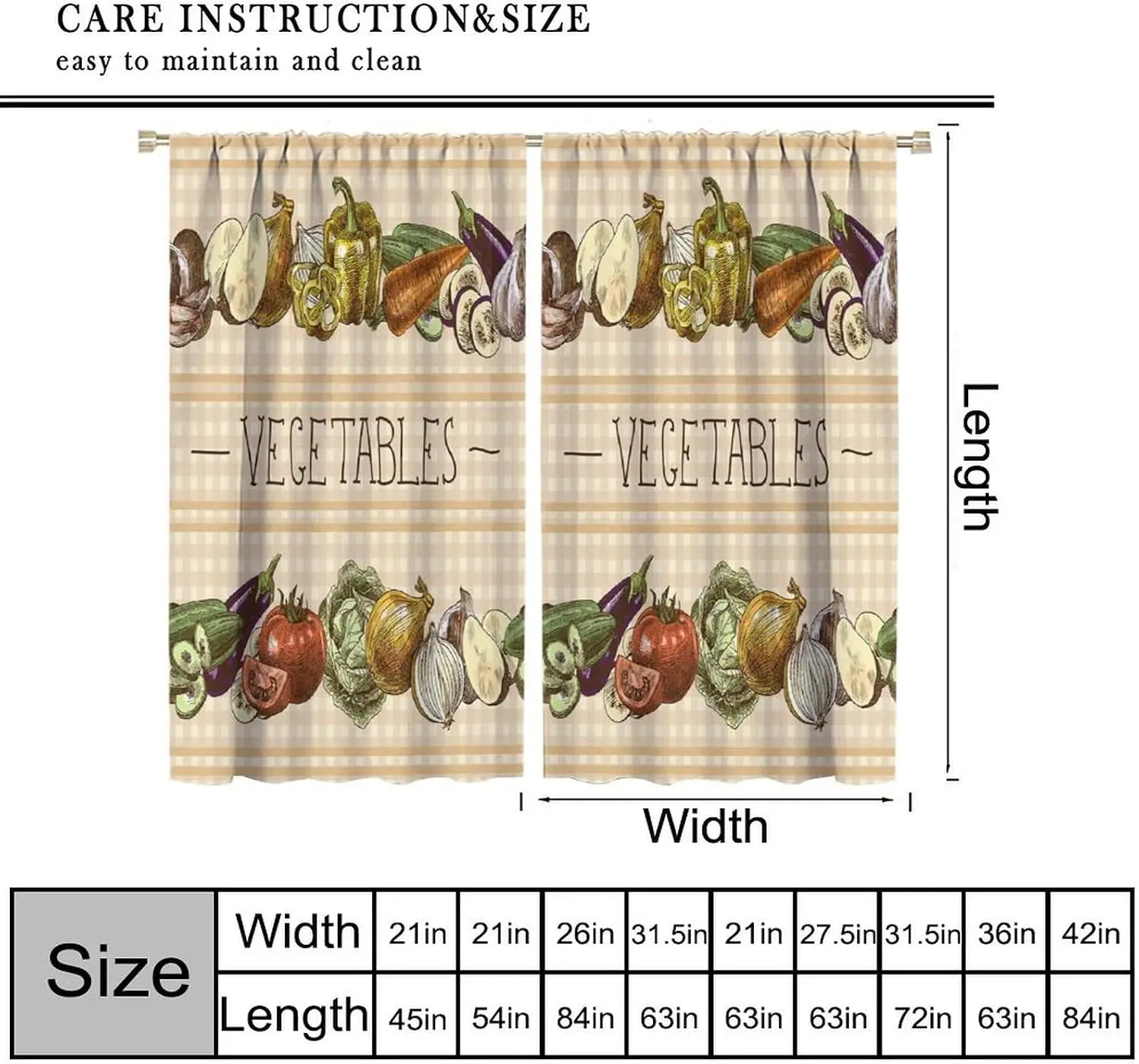 Farmhouse Sketch Vegetable Curtains 2 Panels, Beige Plaid Tomato Eggplant Onion Pepper Border Veggie Drapes for Country Kitchen