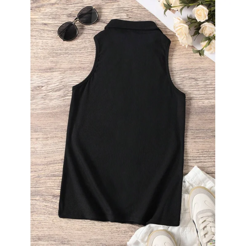 Women'S Zipper Half Placket Turn-Down Collar Top Summer