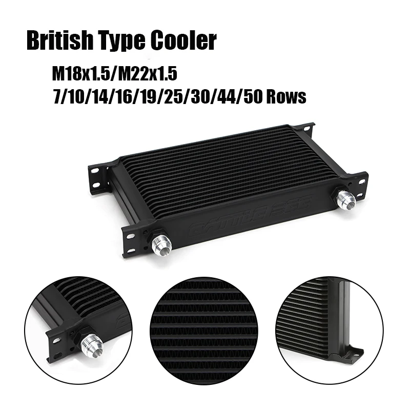 

Line Standard oil cooler Aluminum Alloy Kit British Type Cooler Radiator M18x1.5 M22x1.5 fitting 7/10/14/16/19/25/30/44/50 Rows