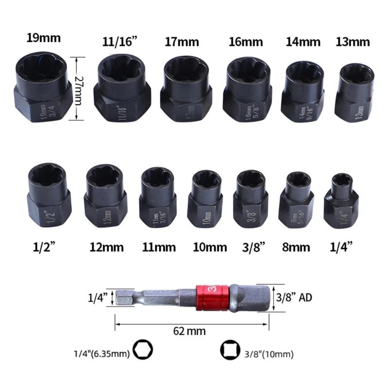 Nut Remover Extractor Socket Tool Remover Tool 3/8 14 Pieces