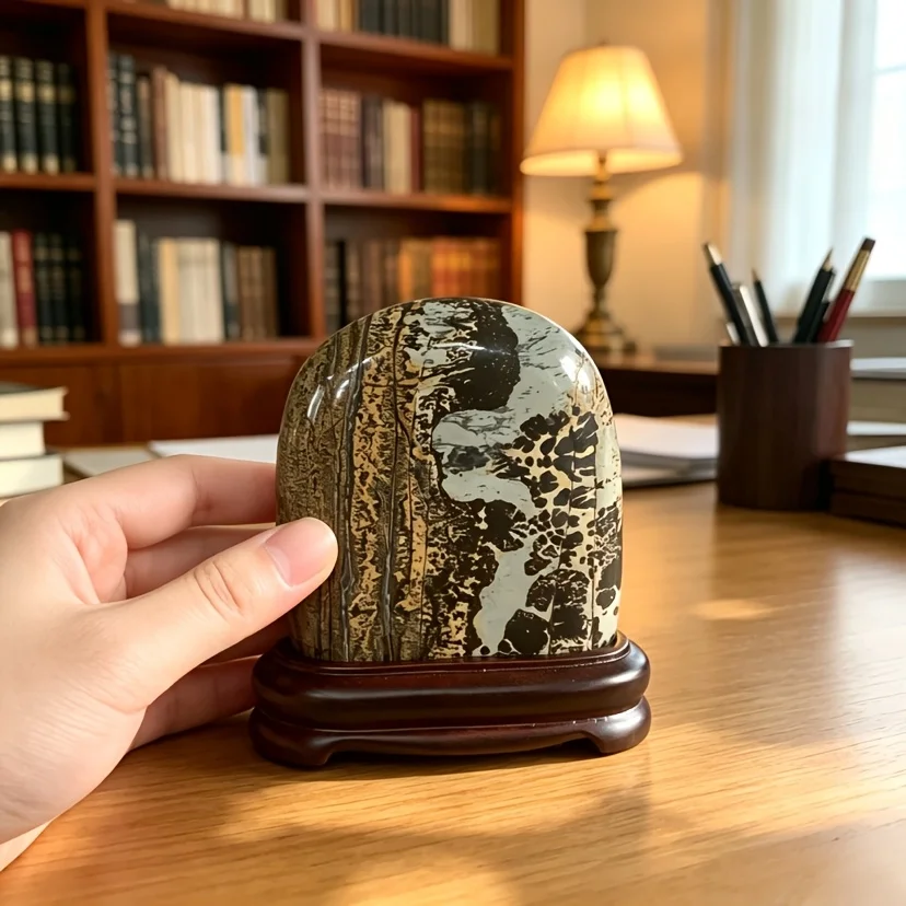 Natural Stone Ornaments with Landscape Painting Textures, Various Styles to Choose From, Solid Polished Design with Base, Decorative Stone Ornaments for Study Rooms, Suitable for Home, Office, and Bedroom Decor, Ideal for Parties, Viewing, and Handling, Perfect Halloween Gift
