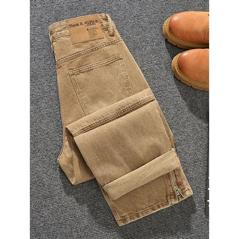 Retro kaki jeans heren losse rechte pijpen trendy straat high-end herenkleding modieuze broek met wijde pijpen