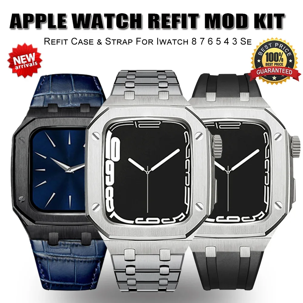 Luxury Stainless Steel Modification Mod Kit for Apple Watch 8 7 45mm Rubber Strap Metal Case for iWatch 6 5 4 3 SE 44mm Band Set