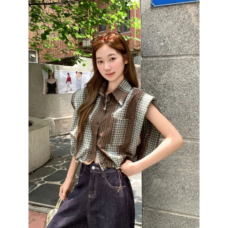 

Женская клетчатая блузка без рукавов с лоскутным узором и укороченным подолом на шнурке, летняя