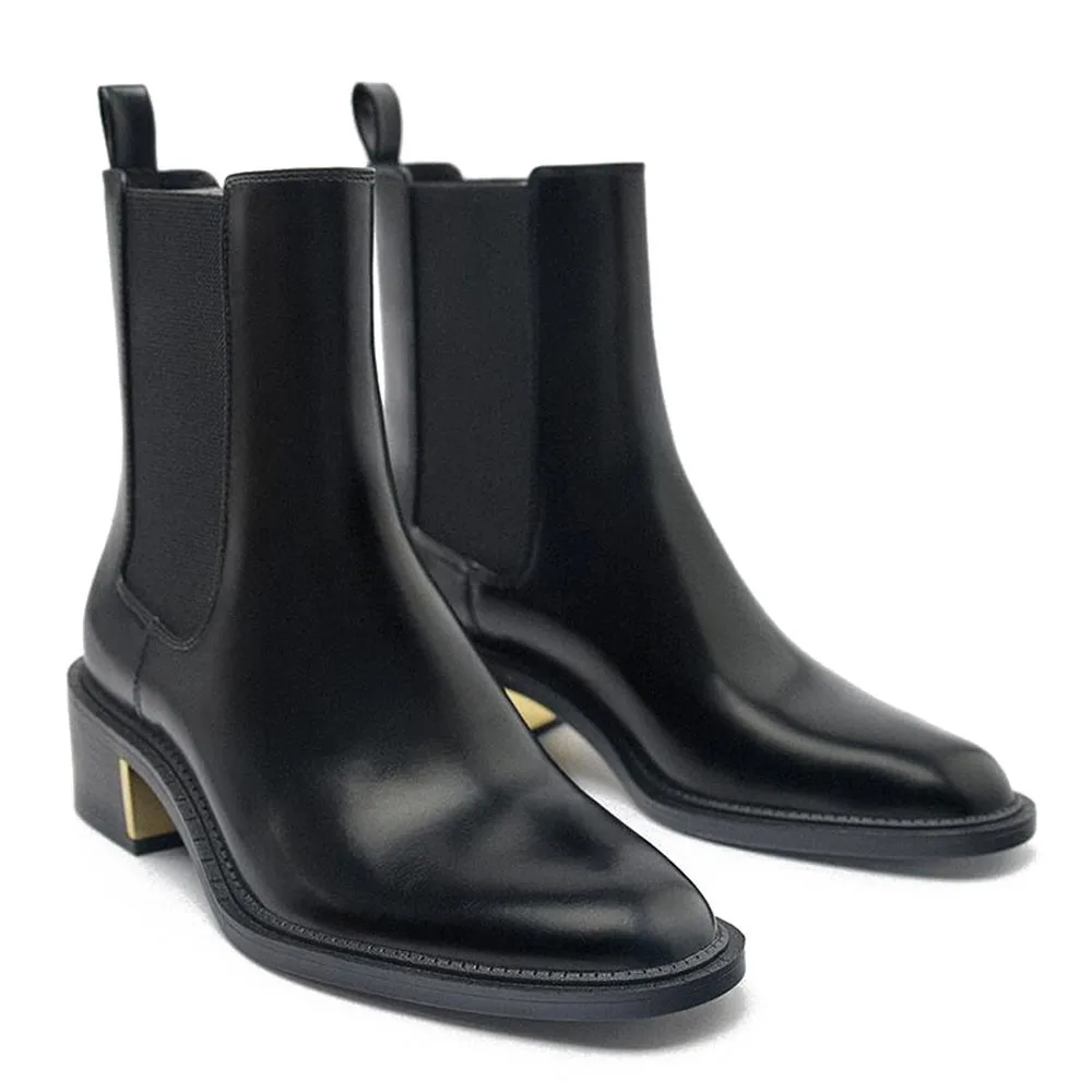 

FWRD Women's Black Leather Square-Toe Short Boots, Retro Block-Heel Design, Soft Lining Cozy Fit for FallWinter Wear #FWRD000368