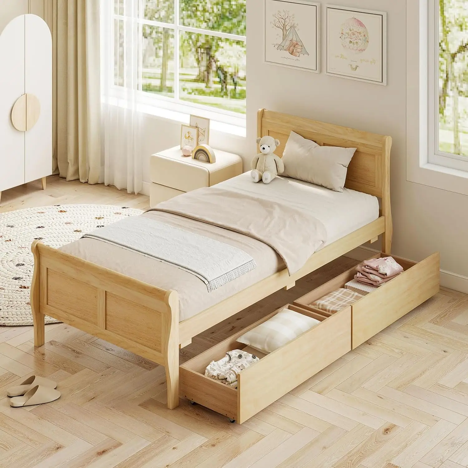 Twin Platform Bed Frame with Storage Drawers Headboard Footboard Wood Slats Support Kids Teens Adults Room Natural, Customized