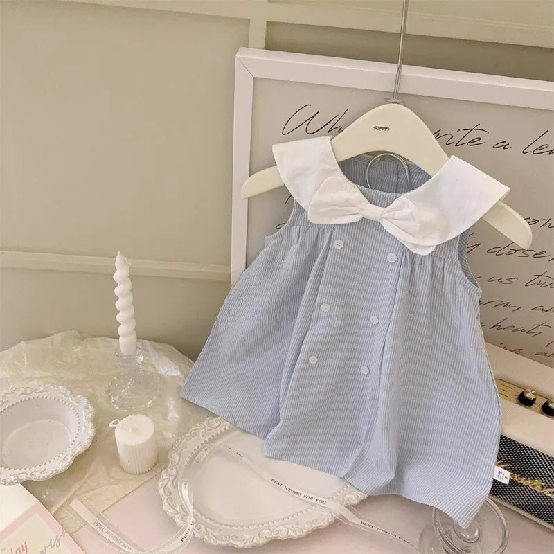 

Korean children's summer dress new style stylish girls' dress with navy collar and bow princess dress