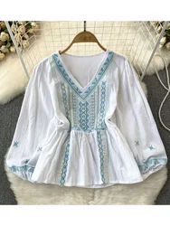 Women Spring Autumn Blouse Embroidery Vintage Lantern Long Sleeve V-Neck Ruffled Pullover Cotton Hemp Shirt Short Top D5080