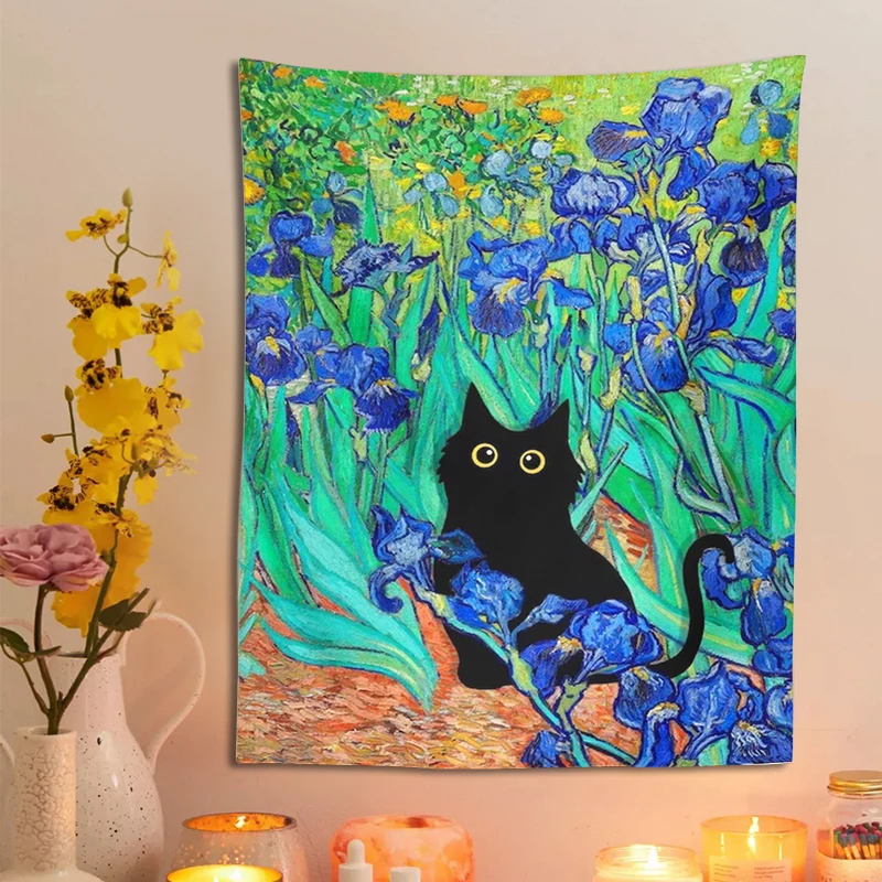 Tapiz de gato de Van Gogh Irises, pintura de gato negro, estampado Floral, divertido, regalo divertido, decoración del hogar, colgante de pared