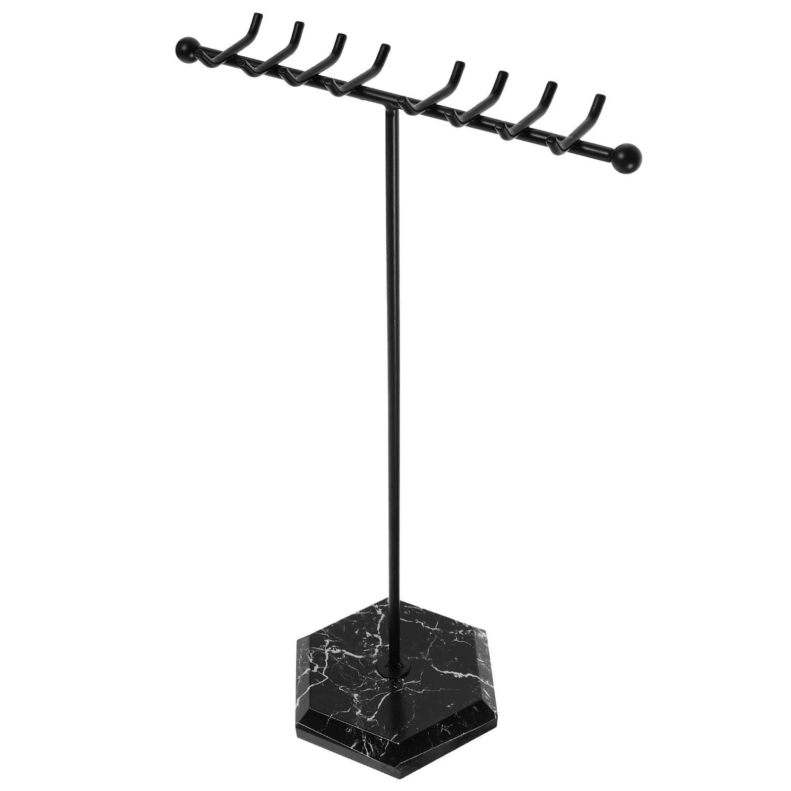 T-Shaped Iron Jewelry Display Stand with Marble-Effect Base Multi-Hook Necklace Earring Ring Organizer for Dresser Retail Store