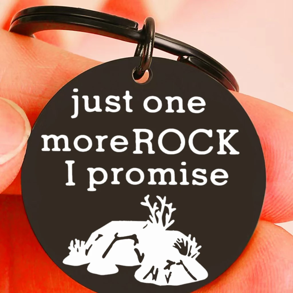 Llavero de acero inoxidable - Diseño minimalista con grabado personalizado Just One More Rock I Promise - Accesorio para amantes de la roca