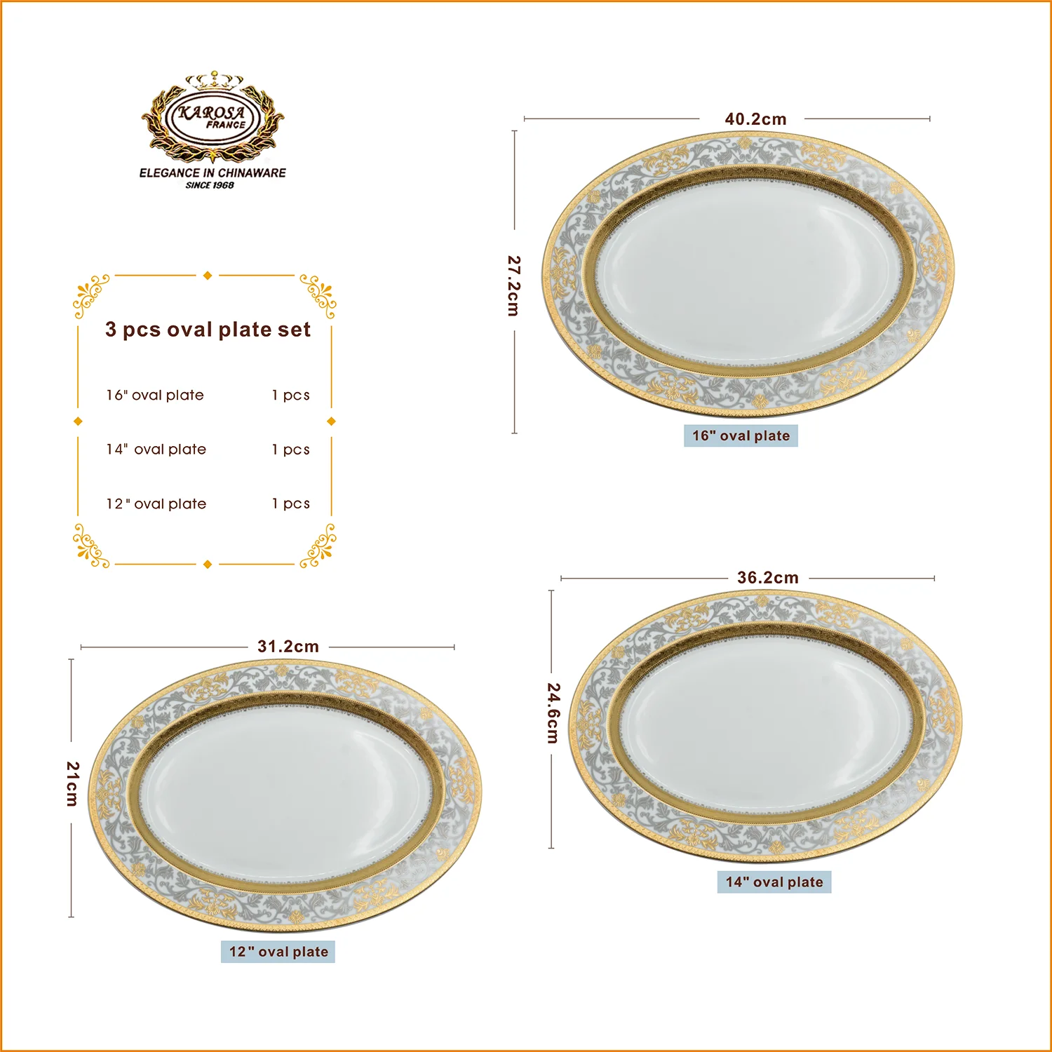 Gold Customized Oval Plate Set 3pcs Fish Plate Set Wedding Hotel Catering Service Plate