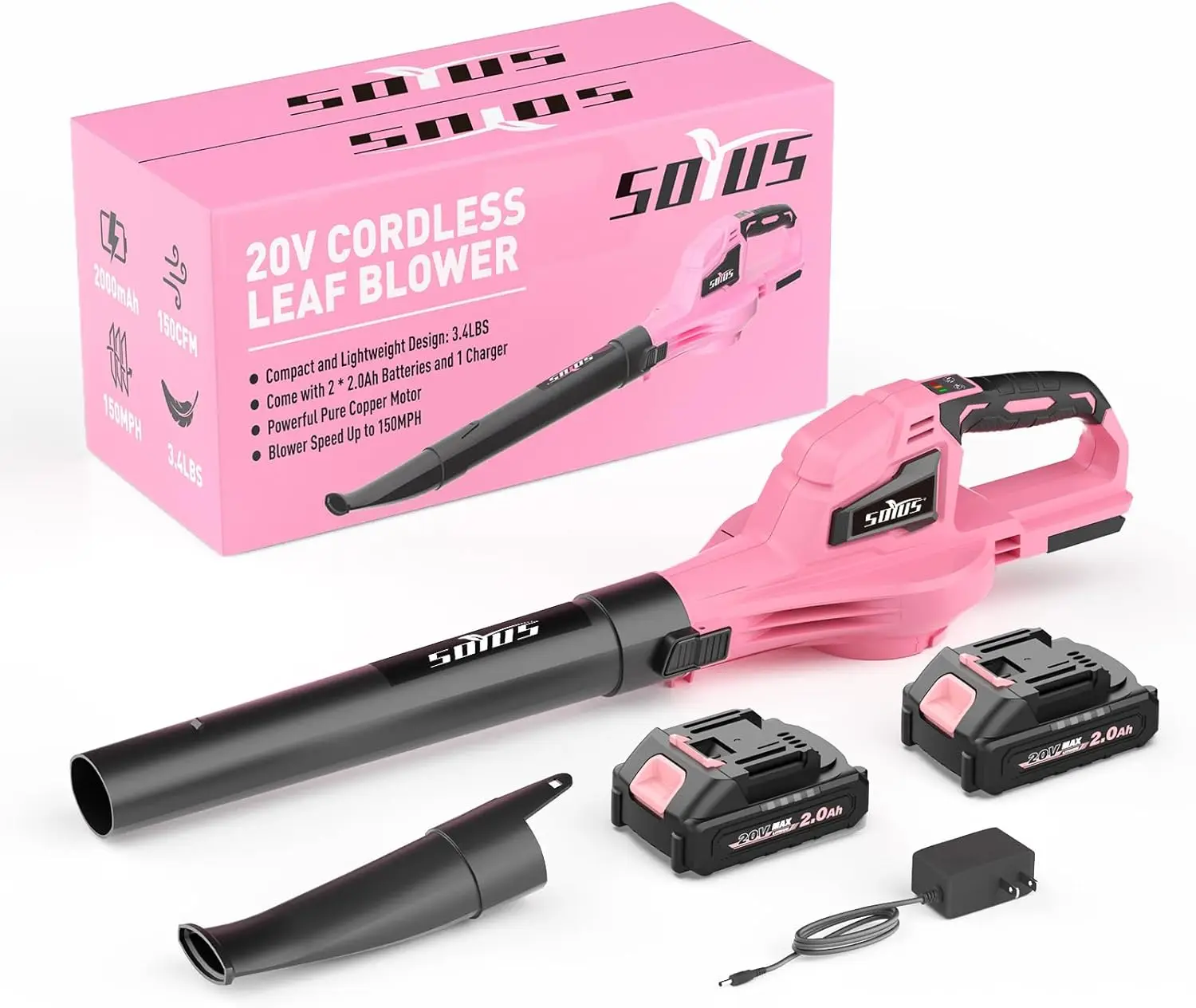 

Leaf Blower Cordless, 20V with 2x2.0Ah Battery and Charger, 150 MPH Two-Speed Electric Leaf Blower for Lawn Care, Pink