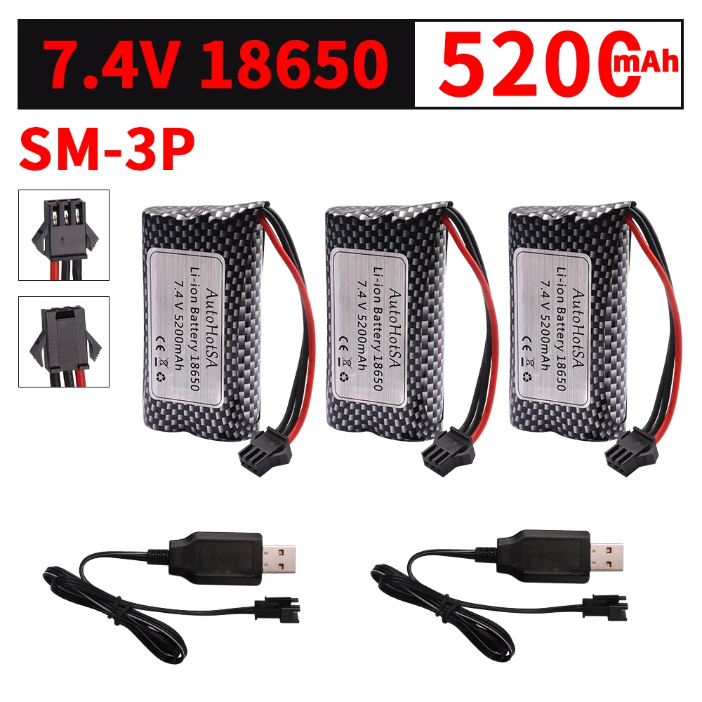 Upgrade 7.4V 5200mAh Li-ion Battery SM-3P Plug With USB Charger For MN82 MN128 MN78 LC79 Remote Control Car Battery 2S 18650 20C