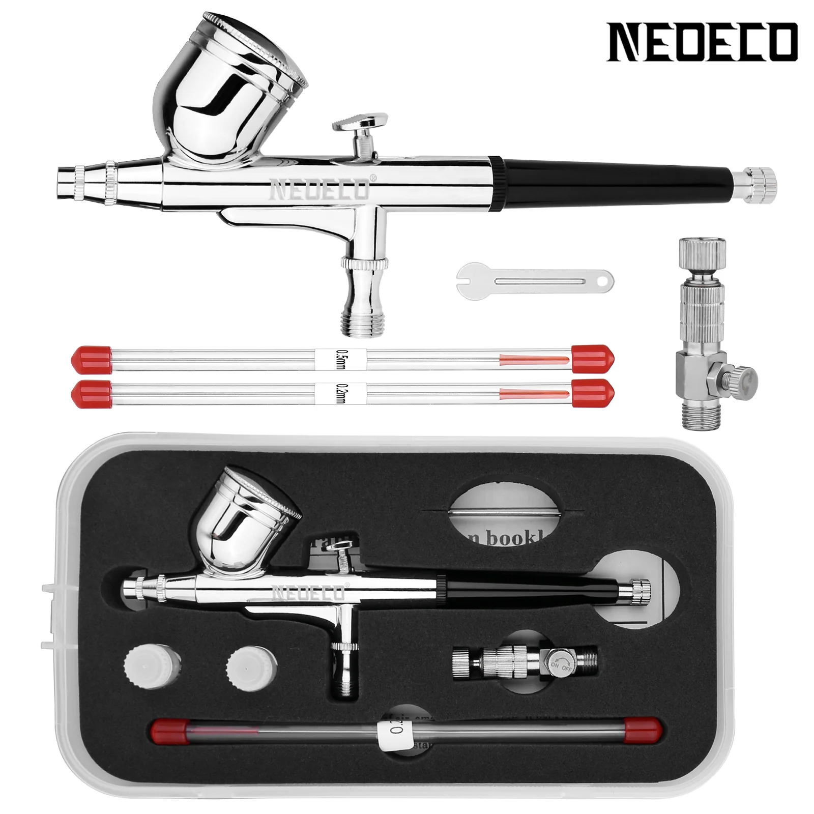 NEOECO 130 Gravity Feed Dual Action Airbrush with 0.2 0.3 0.5mm Nozzle Needle Kit Adjustable Quick Disconnect Joint Red Black