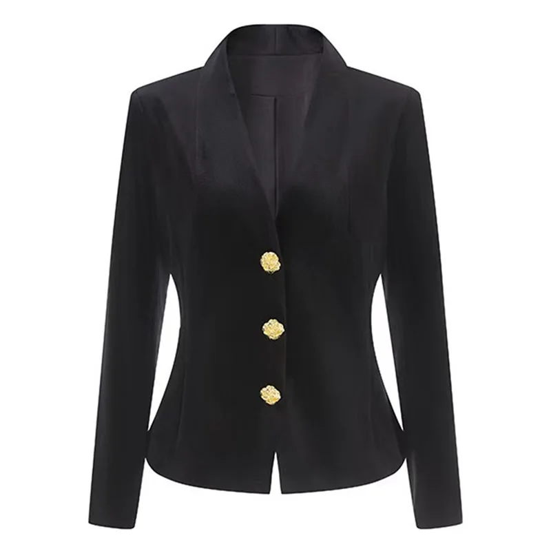 

Women Solid Black Coat Office Lady's V-Neck Button Suit Coat