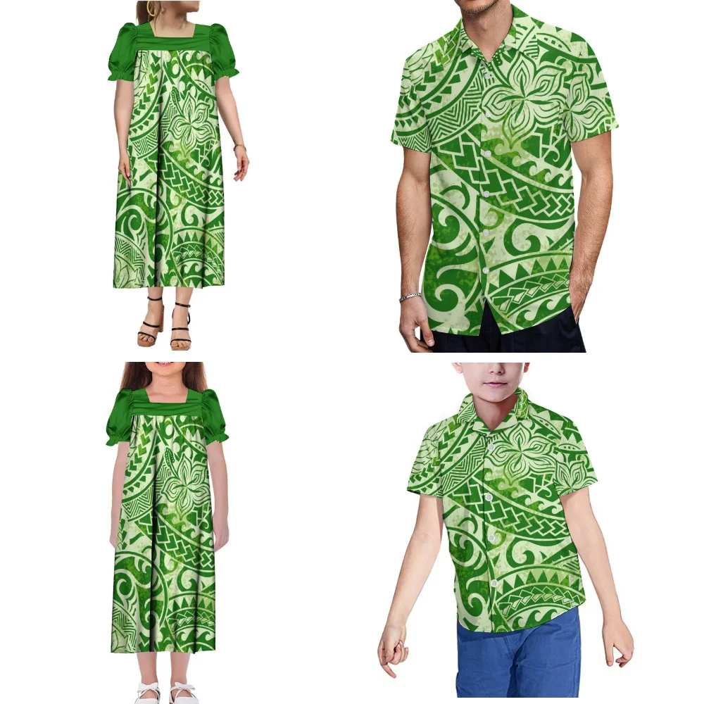 Polynesian Square-Neck Puffed Sleeve Design Women'S Mumu Dress Girls Dress Men'S Shirt Boys Shirt Family Party Set 4-Piece Set