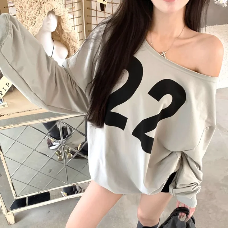 Y2K Printed Hoodies Women Sexy Off Shoulder Loose Oversized Tops Female Casual Hoody Chic Korean Autumn Sweatshirts