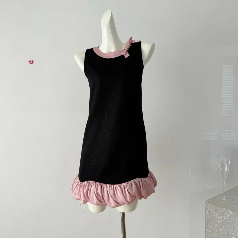 

French Contrast Bow Hepburn Wind Small Fragrance Short Dress Women Elegant Sweet Fashion Party Korea Chic Black Vest Dress