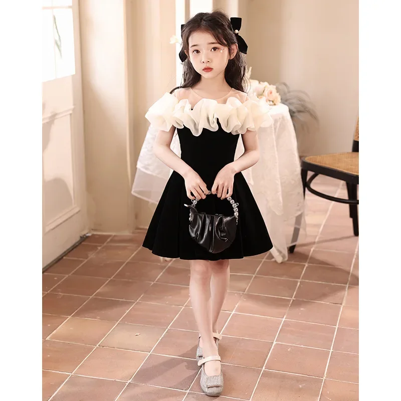 

Children's high-end host piano performance costume French black thousand gold style girl dress Birthday princess dress