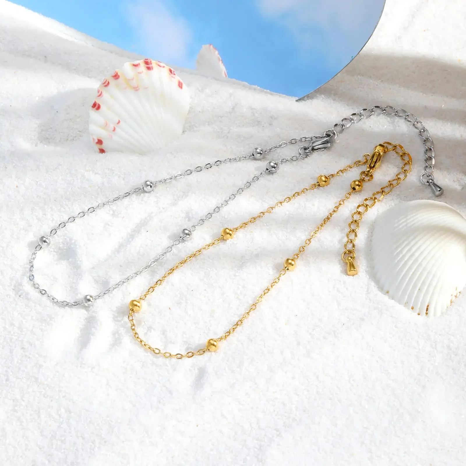 Pulseiras de corrente de tornozelo com bola de contas boho para mulheres, tornozeleira de aço inoxidável banhada a ouro, presente de joia de pé à prova d'água para praia de verão