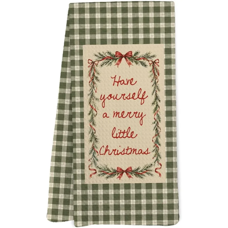 1-Pack green checkered kitchen towels for Christmas decorations, vintage farmhouse style green checkered hand towels