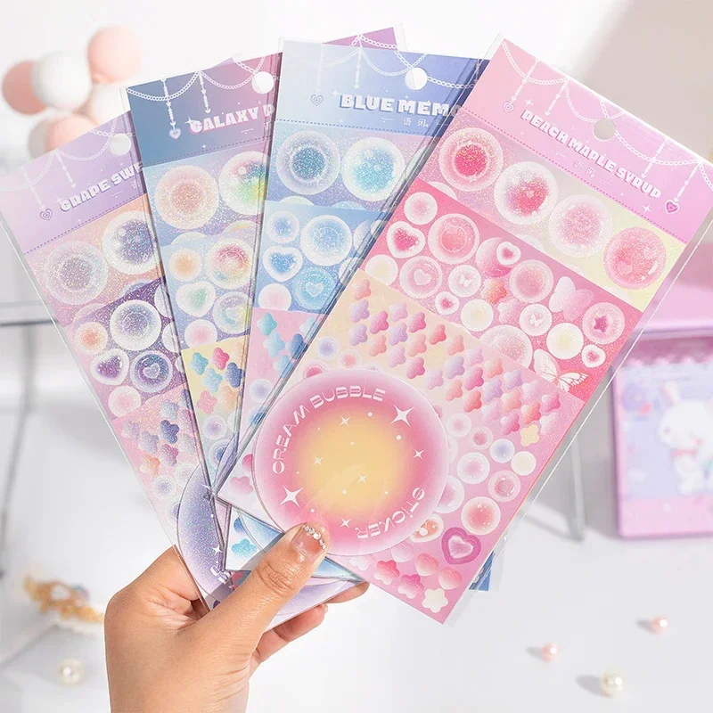 

6 листов в форме сердца, декоративные детские наклейки для молочных продуктов, бумага для скрапбукинга, хрустальная основа, корейские канцелярские принадлежности, наклейки со звездой и рекой, розовый пузырь