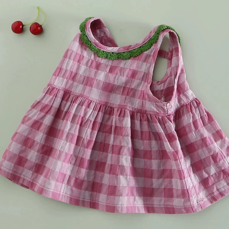 

2025 New Summer Girls' Pink Checkered Countryside Style Versatile Sleeveless Cotton Top