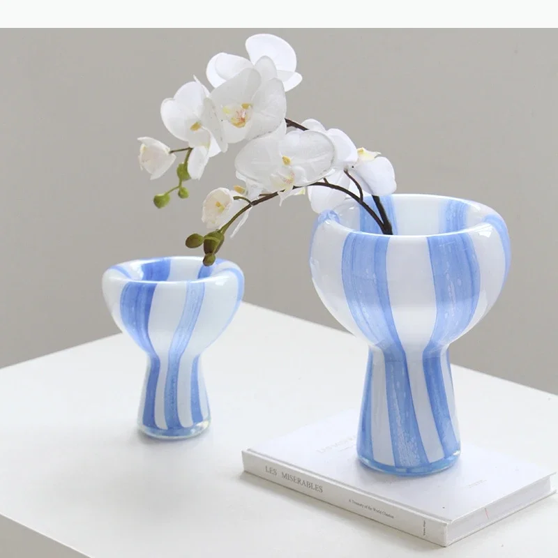 Blue White Striped Glass Vase Decorative Vase Hydroponic Vases Artistic Flowers Vessels Flower Arrangement Dried Flower Vases