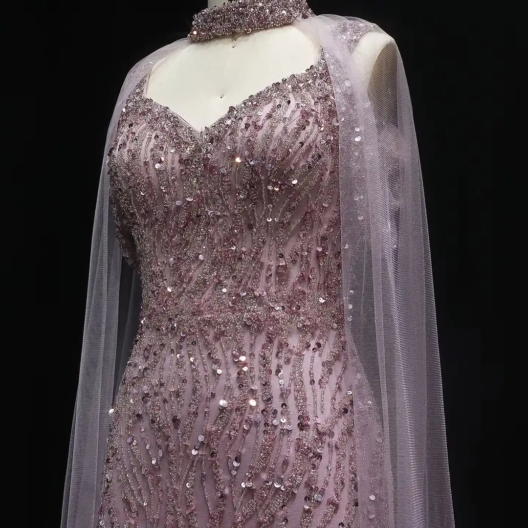 

فساتين سهرة Arabic Dubai Gorgeous Beading Evening Dress High Neck Long Cap Sleeves Classic Prom Dress vestidos diseñador lujo
