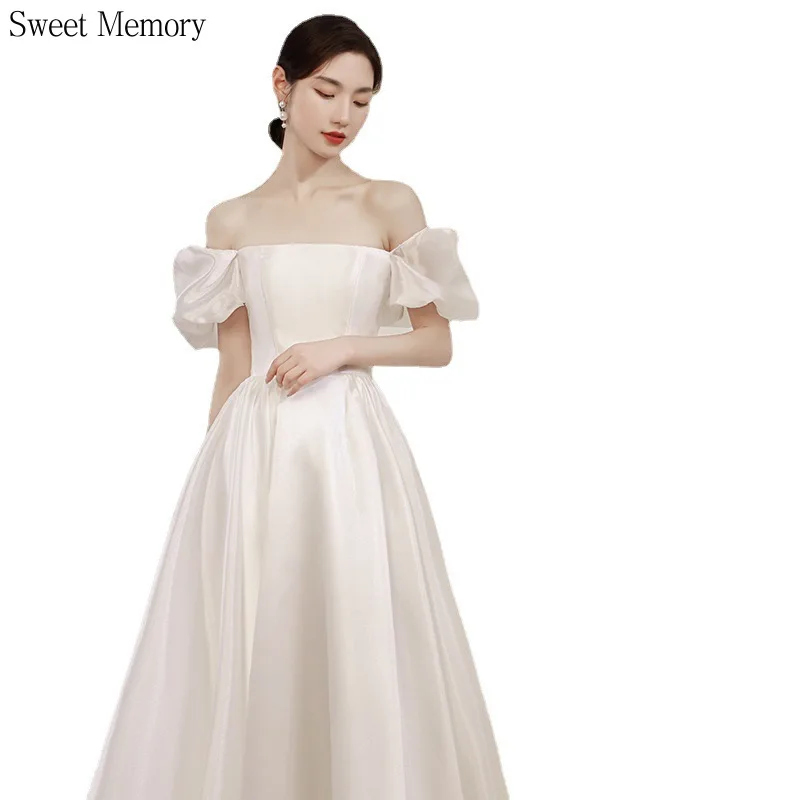 N11145 White Dresses Princess Floor Length Square Collar Lace Up Back Gown Short Sleeves Sexy Bride Dress For Wedding Party