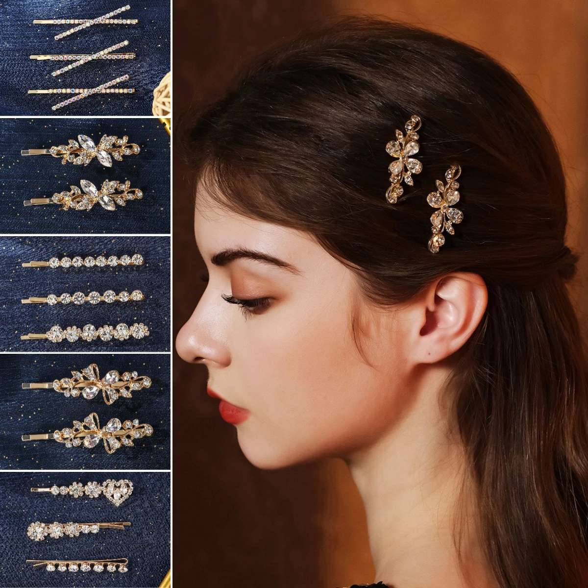 

2pk Korean-style Crystal Flower Barrette For Girls Golden Exquisite Handcrafted Rhinestone Hair Clip Hair Jewelry