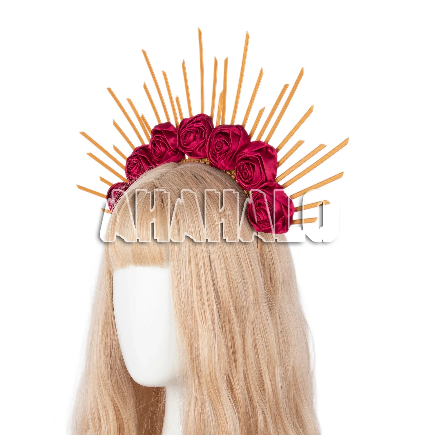 Hot Ins Red Rose Flower Spiked Halo Crown Headband Sun Goddess Headpiece Photo Shoot Hair Wreath Festival Headdress for Women