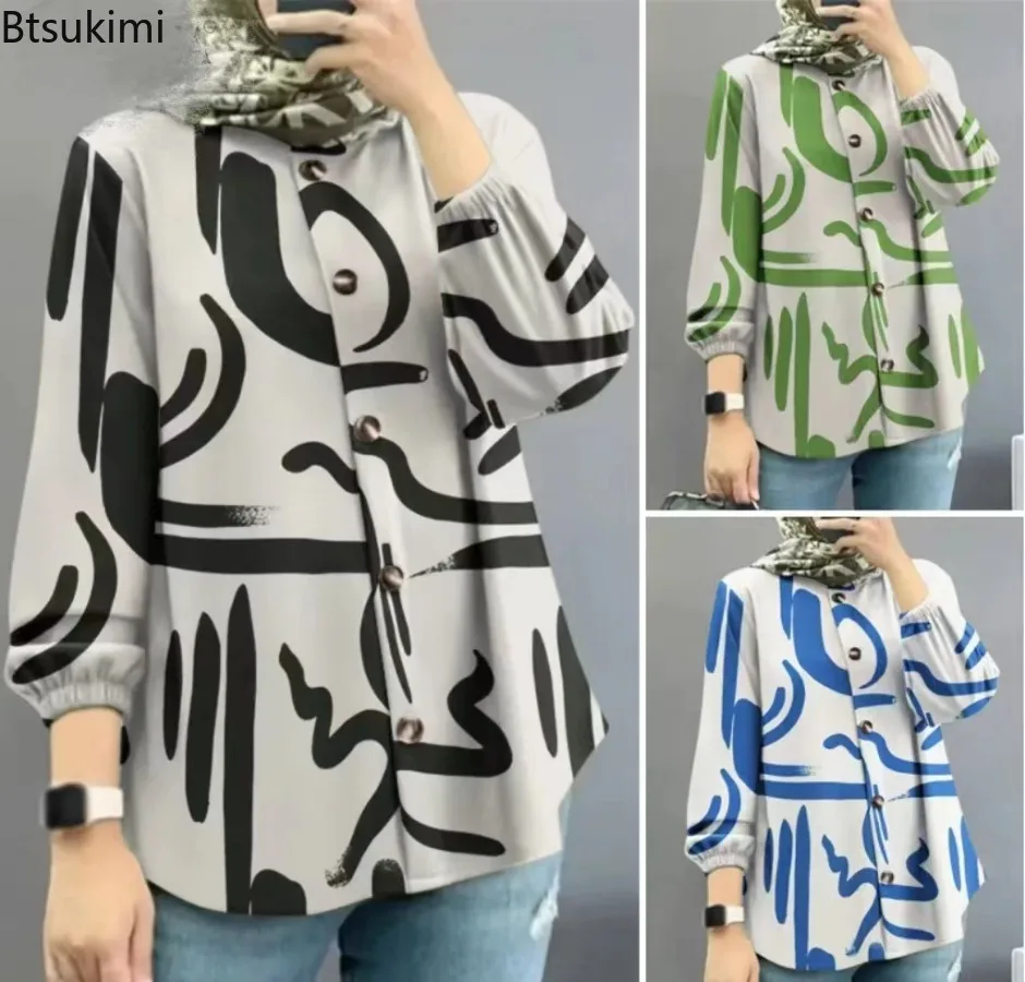 

2024 Women Fashion Muslim Blouse Spring New Long Sleeve Print Shirt Retro Casual Tops Turkey Abaya Hijab Islamic Clothing Female