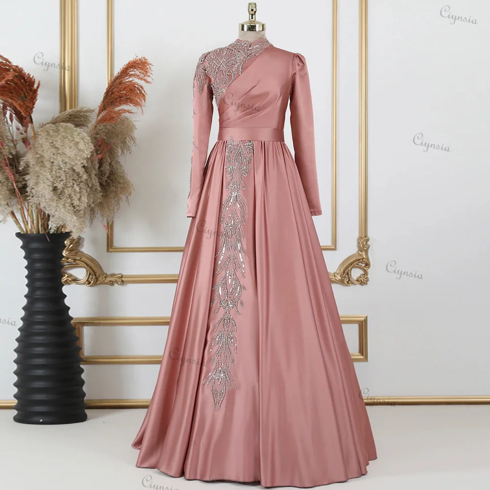 Ciynsia A-Line Pink Women Formal Dress 2024 High Neck Full Sleeves Muslim Evening Gown Satin Beaded Sweep Train Real Photo Abiye