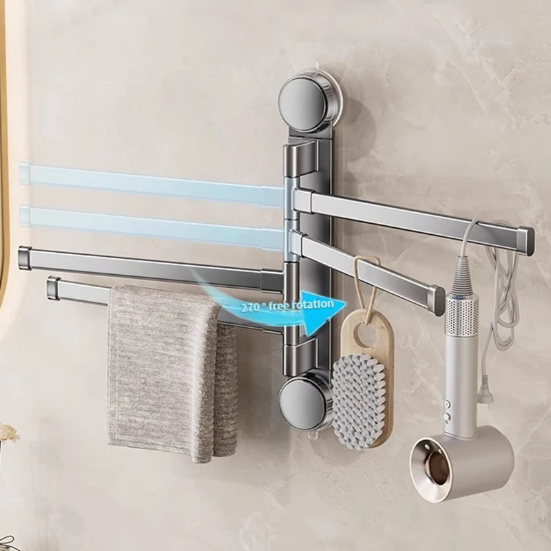

No Need To Drill Suction Cup Rotating Towel Rack Multi-Bar Folding Rack Towel Rack Bathroom Bath Towel Rack Kitchen Storage Rack