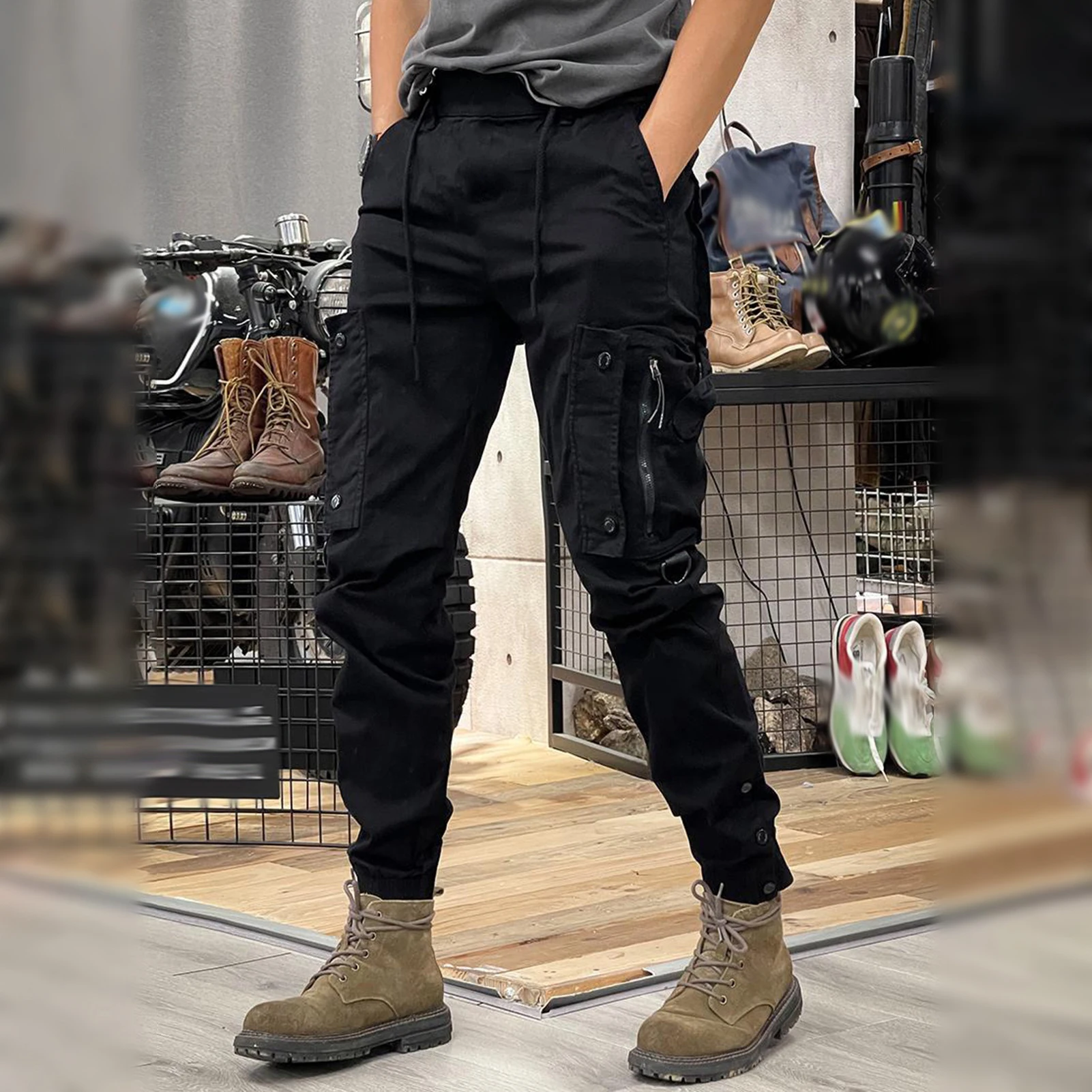 Men Trousers Men's Drawstring Waist Cargo Pants With Multi Pockets For Wear Outdoor Training Solid Color Sport For Spring