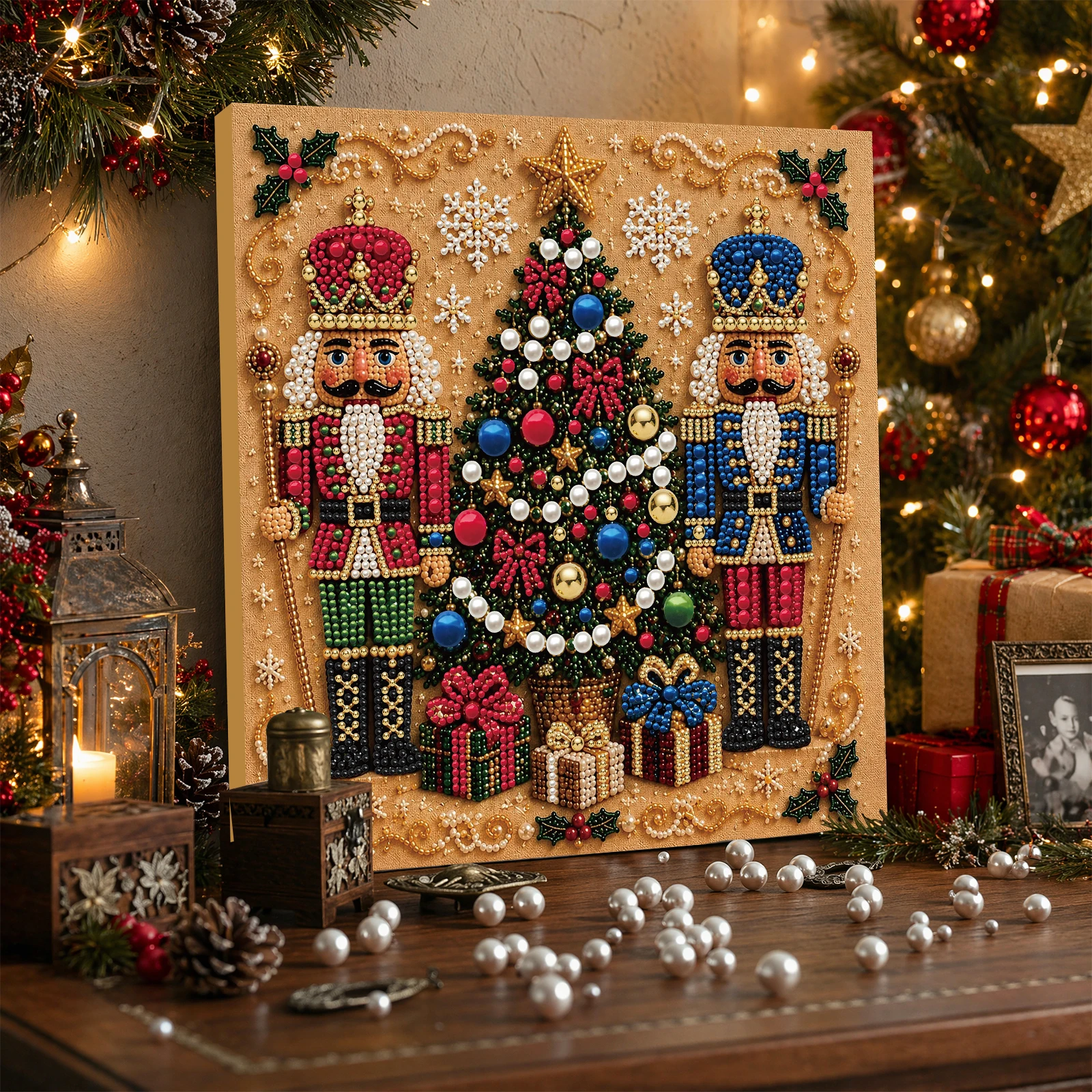 DIY Pearl Diamond Painting Kit Full Drill with Wooden Frame Christmas Art Craft 20x20cm Beginner