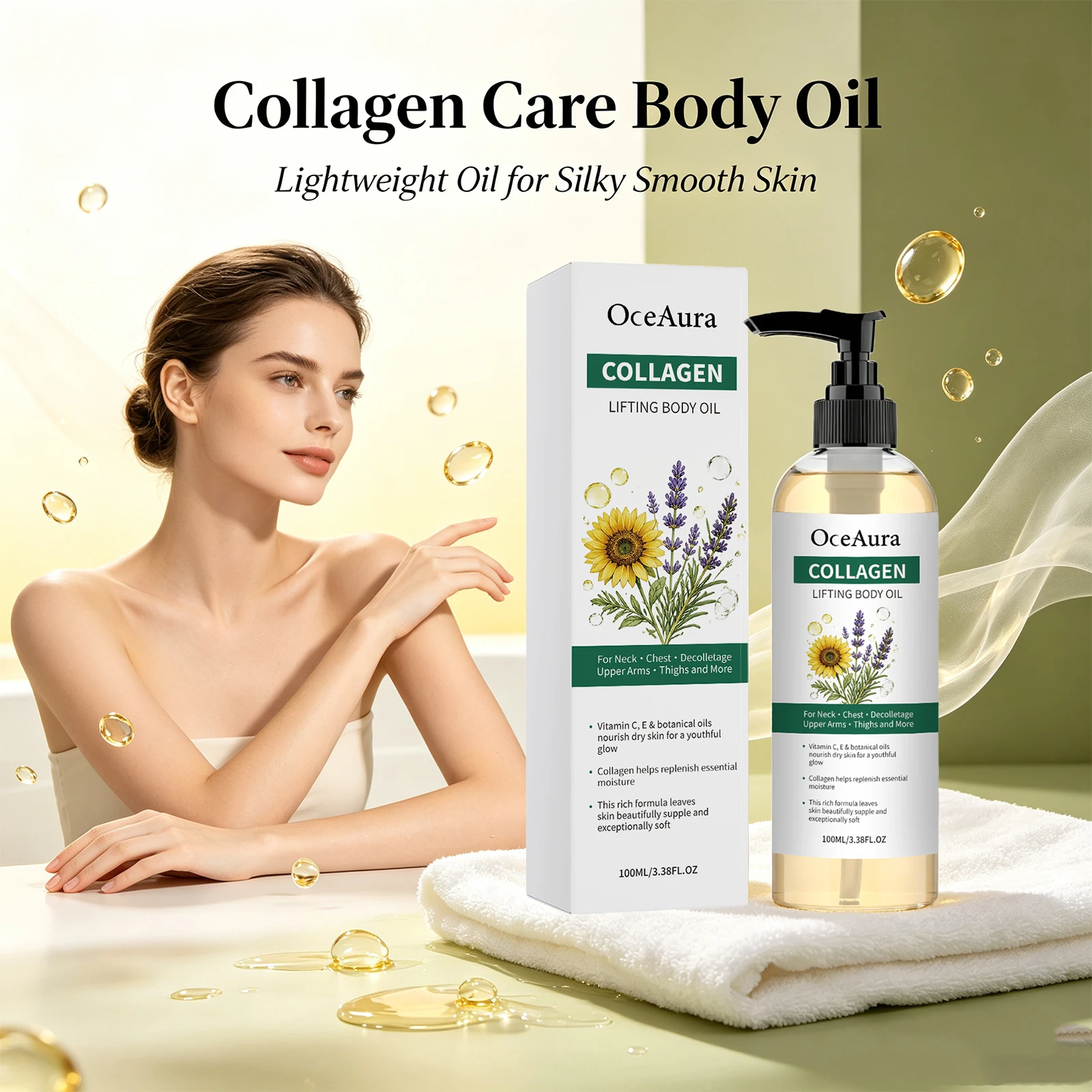 Collagen Body Oil for Neck Chest Thighs Arms, Improve Dry Rough Skin Nourish Body Oil Smooth Fine Lines Deep Hydration Skin Care