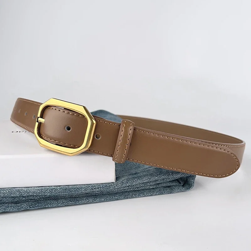 

Genuine Leather Metal Square Buckle Belts Women Pure Color Elegant Waist Belt Autumn Winter Dresses Jeans Sweater Girdle 2025