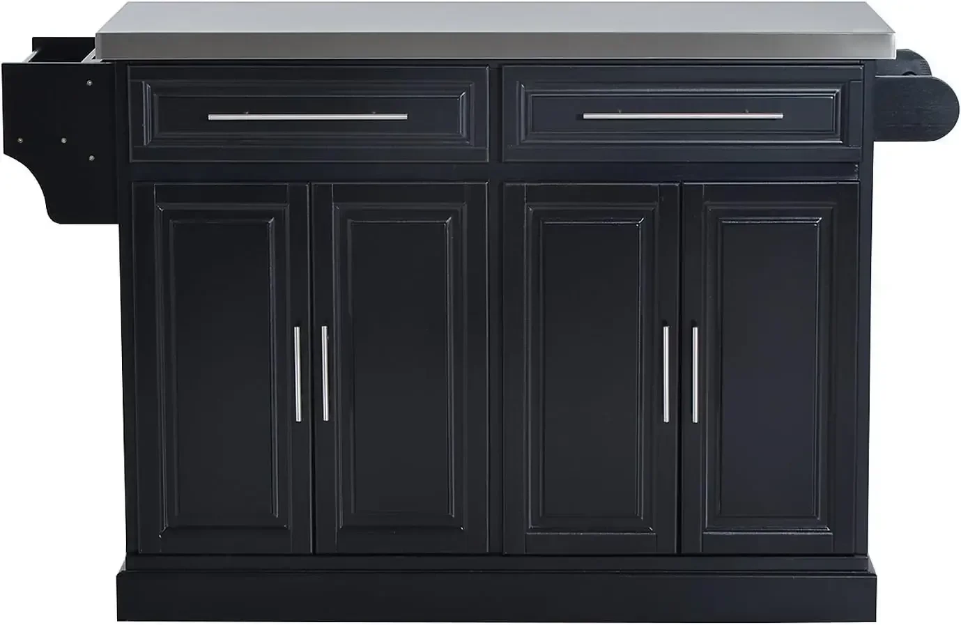 جزيرة مطبخ دوارة مع مساحة تخزين، عربة مطبخ محمولة مع سطح من الفولاذ المقاوم للصدأ، رف توابل ومنشفة، أسود، درجين