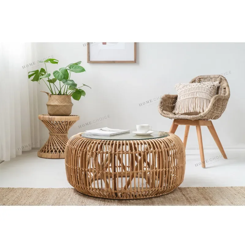 Round Rattan Coffee Table Indonesian True Vine Woven Tea Table Simple Creative Short Side Table for Living Room Homestay