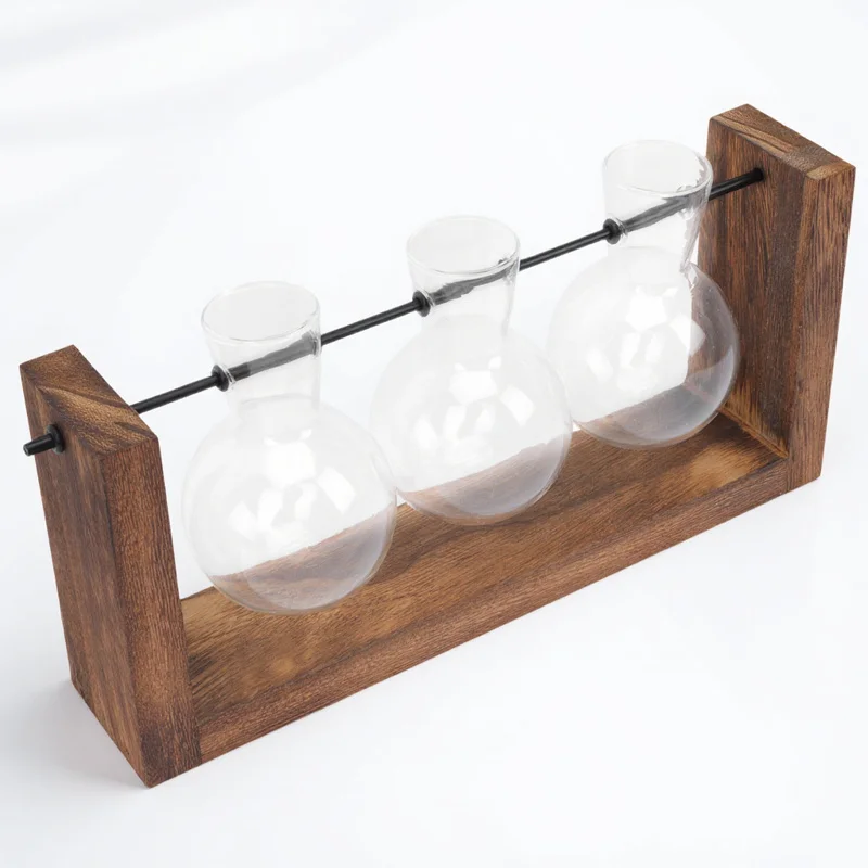 

1Pcs Vintage Wooden Frame Glass Bulb Vase DIY Planter Swivel Design for Home Office Wedding Garden Green Plant Container
