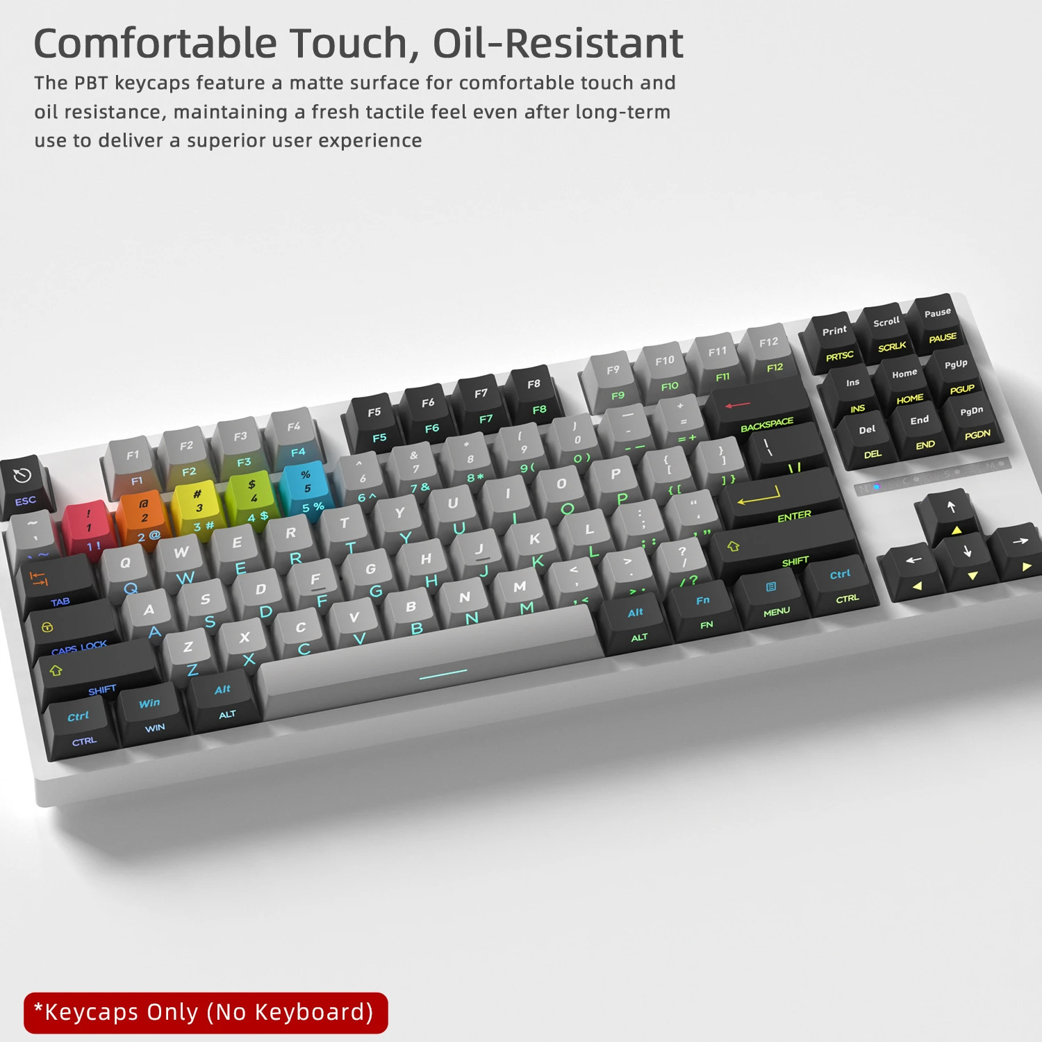 Szare klawisze z bocznym podświetleniem Gray Prelude, 128 klawiszy, materiał PBT, profil Cherry, klawisze do klawiatury mechanicznej z przełącznikami MX, układ ISO ANSI. — zdjęcie produktu 4