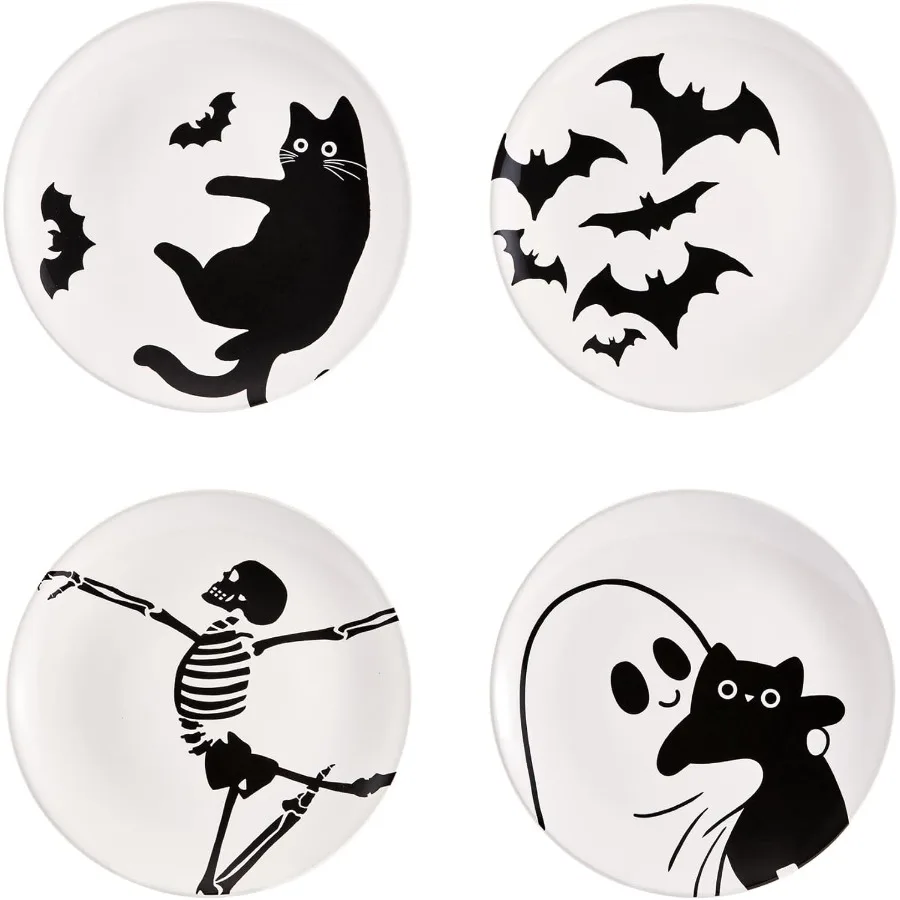 

White Halloween Cute Ceramic 8.75 Inch Salad Plates Set of 4 for Tapas and Appetizer Serving Microwave and Dishwasher Safe Idea