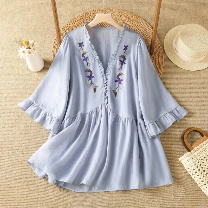 Elegant Purple Floral Embroidery Cotton Linen Shirt Gentle Pleating Hooded Quality Abdomen Concealing Women's Summer Fashion