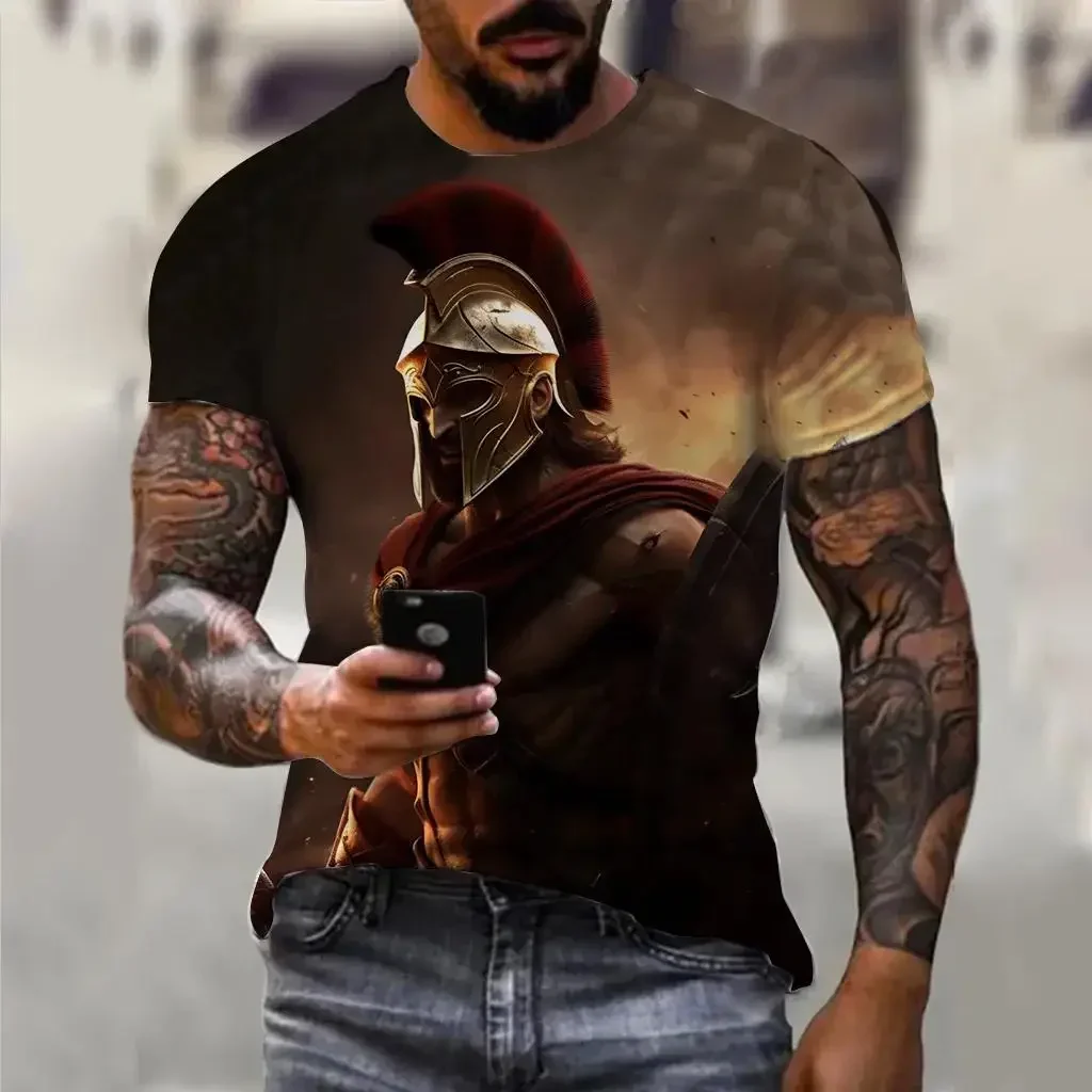 

2025 Summer Vintage Men Spartan Pattern 3D Printed Short Sleeve Summer Fashion Oversized T-shirt Men's Casual Clothing Tops