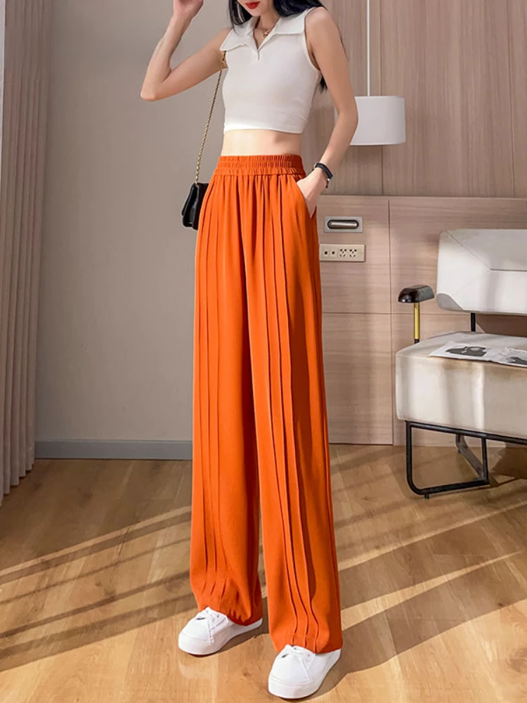 Calça de perna larga de cintura alta feminina, moda coreana, escritório elegante, seda gelo, calça de terno feminino, casual, sólida, verão, 2024