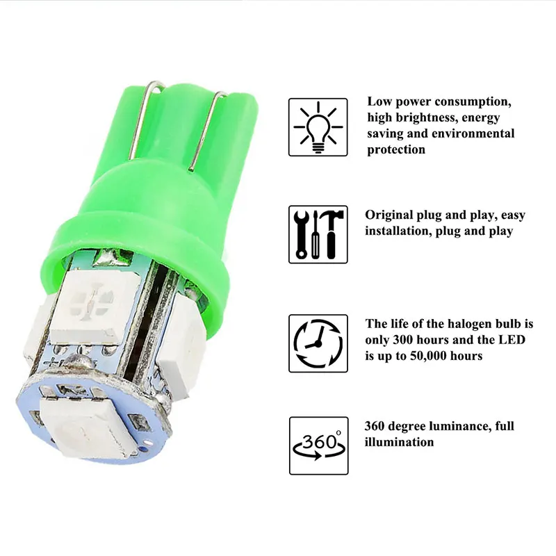 10pcs T10 158 192 194 168 W5W 5050 SMD 5LED Car Wedge Tail Side Light Lamp Bulb Dome License Interior Reading Lamp Colorful